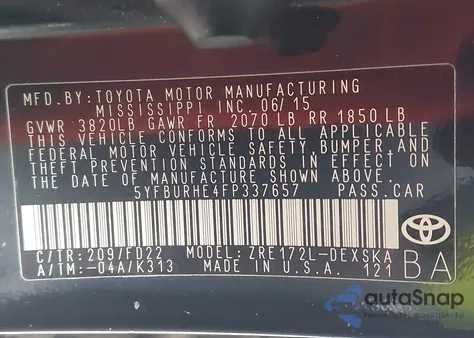 2015 Toyota Corolla S Plus из США, поврежденный, VIN 5YFBURHE4FP337657